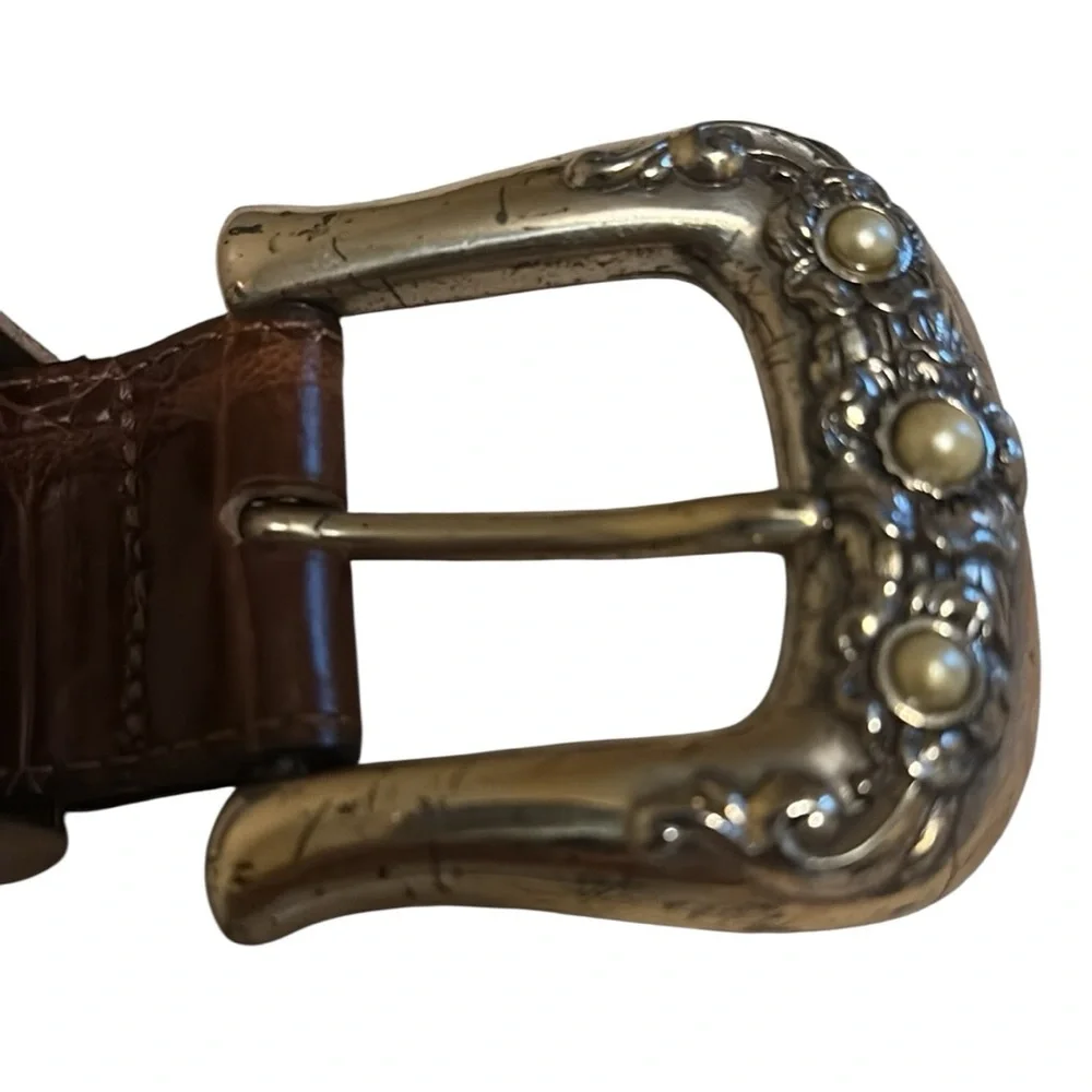Brighton Brown Leather Belt with Pearl Like Ornate Silver Buckle Style #M 23507